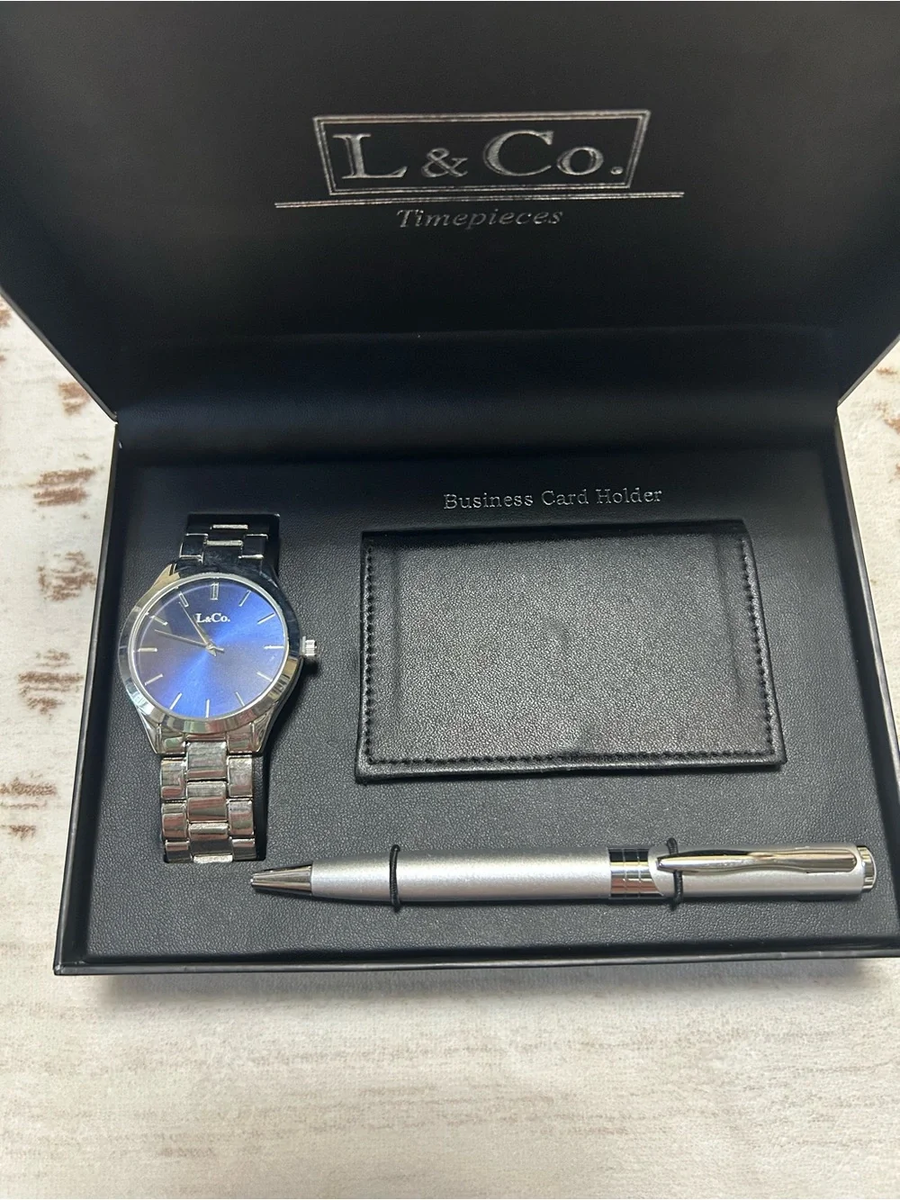 L & Co. Timepieces Men’s Watch Business Card Holder Pen Gift Set New